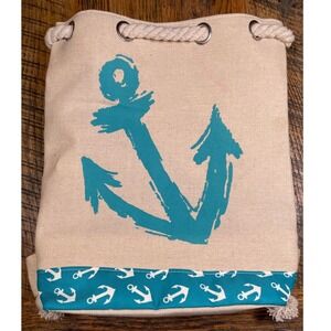 Nautical Anchor Canvas Drawstring Backpack Teal Cream Rope Strap Beach Bag